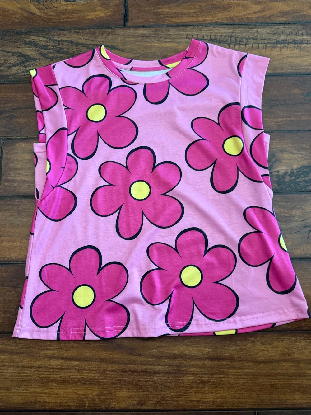 Pink Floral Tank Top - Bright Pink and Yellow Daisy Print